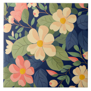 Keramikfliese Navy Pfirsich Rosa Floral Botanisch