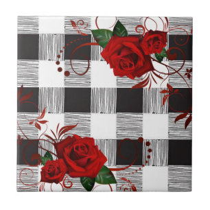 Keramikfliese Weiß und Schwarz Kariert Rote Rose