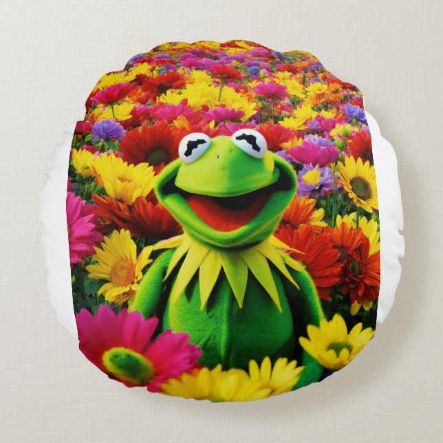 Kermit's Feld der Freude: Ein farbenfroher Frosch" Rundes Kissen (Vorderseite)