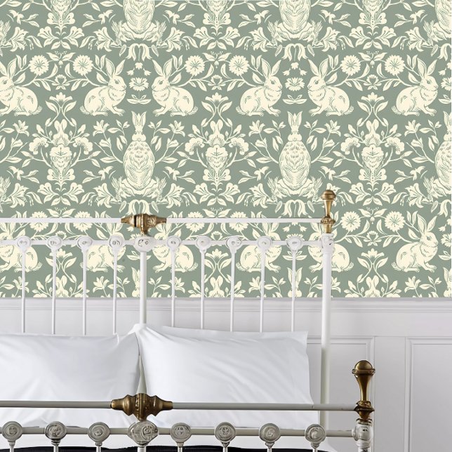 Kernbrennerkaninchen auf dem Schlachtfeld grün Tapete (Cottagecore Cream Rabbits on Sage Green Wallpaper behind a white metal framed bed.)