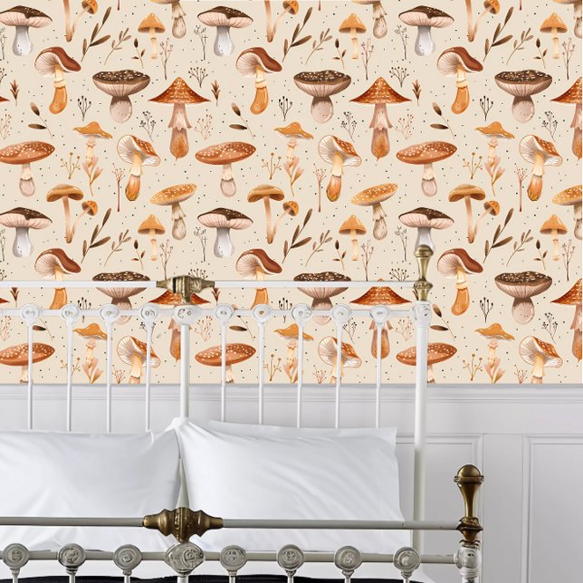 Kerne Orange-Cap-Pilze Tapete (Cottagecore Orange Cap Mushrooms Wallpaper behind a white metal bed frame. )