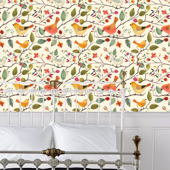 Kerne tropische farbige Vögel Tapete (Cottagecore Tropical Colored Birds Wallpaper behind a white metal framed bed.)