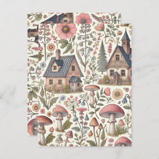 Kerngehäuse Pilz- und Blumenmuster Postkarte (Vorne/Hinten)