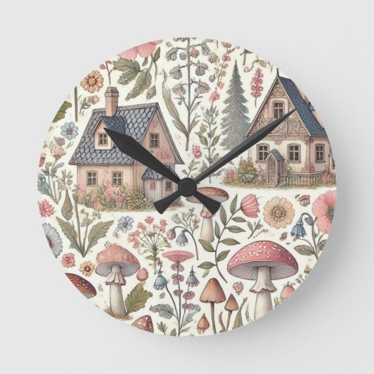 Kerngehäuse Pilz- und Blumenmuster Runde Wanduhr (Vorderseite)