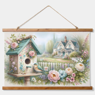 Kerngeschäft Vogelhaus mit Blumengarten Wandteppich Mit Holzrahmen