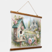 Kerngeschäft Vogelhaus mit Blumengarten Wandteppich Mit Holzrahmen (Gewinkelt)