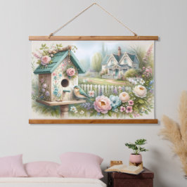 Kerngeschäft Vogelhaus mit Blumengarten Wandteppich Mit Holzrahmen