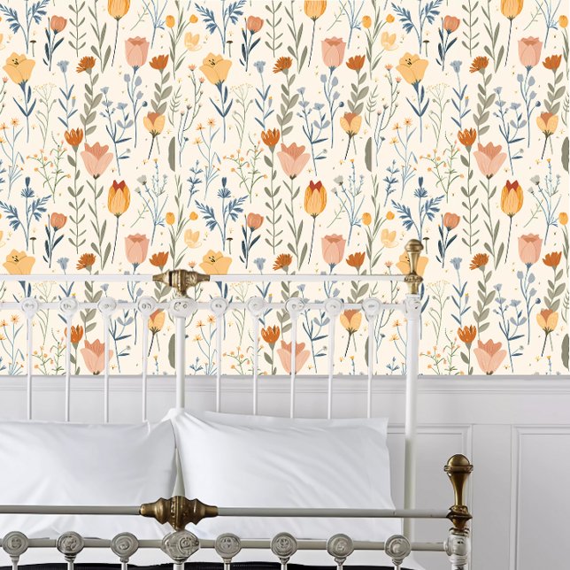 Kernspezifische Wildblumen Tapete (Cottagecore Wildflowers Wallpaper behind a white metal bed frame. )