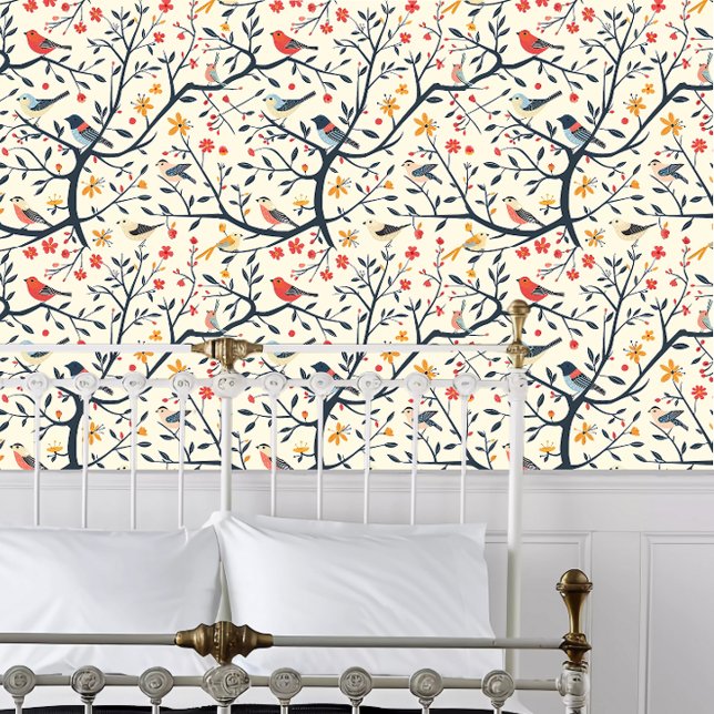 Kernvogelarten Tapete (Cottagecore Spring Birds Wallpaper behind a white metal framed bed.)