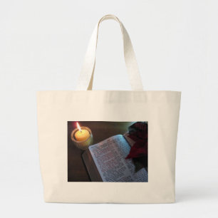 Kerze, Bibel und Poinsetta Jumbo Stoffbeutel