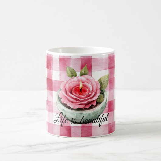 Kerze mit rosa Rosen im Karomuster Kaffeetasse (Mittel)
