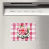 Kerze mit rosa Rosen im Karomuster Magnet (In Situ (Geschirrspüler))
