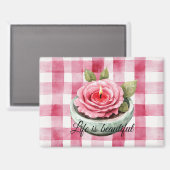 Kerze mit rosa Rosen im Karomuster Magnet (Vorderseite/Rückseite)