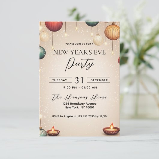 Kerzen und Ornamente Beige Silvesterabend Party Einladung (Stehend Vorderseite)