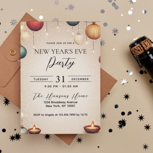 Kerzen und Ornamente Beige Silvesterabend Party Einladung