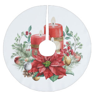 Kerzen und Poinsettia Bouquet Weihnachten Polyester Weihnachtsbaumdecke