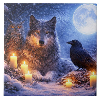Kerzen zur Wintersonnenwende Wolf Rabe und Eule Fliese