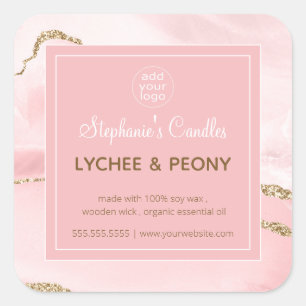 Kerzenetikett   Rosa Marmor & Gold Glitter Quadratischer Aufkleber
