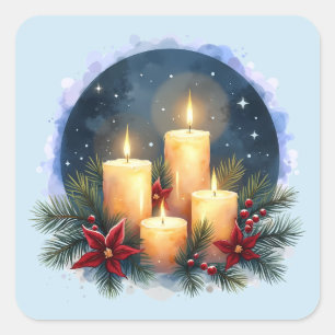 Kerzenschein zu Weihnachten mit Poinsettien Quadratischer Aufkleber