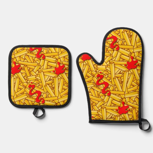 Ketchup and Fries Funny Food Pattern Ofenhandschuh & Topflappen-Set (Vorderseite)