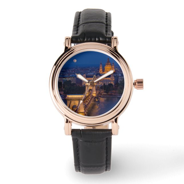 Kettenbrücke und Vollmond in der Nacht Armbanduhr (Vorderseite)