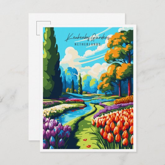 Keukenhof Gardens Vintage Reise Illustration Postkarte (Vorne/Hinten)