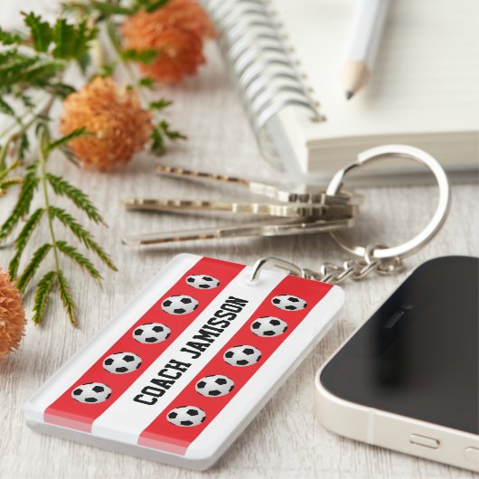 Key chain, Red & White, Soccer Coach, Player, Name Schlüsselanhänger (Vorderseite rechts)