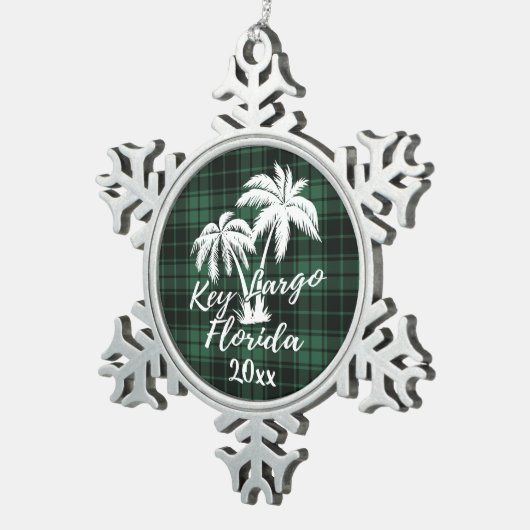 Key Largo Beach Florida Palm Green Kariert Schneeflocken Zinn-Ornament (Rechts)