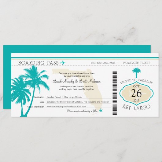 Key Largo Florida Palm Tree Boarding Hochzeit Einladung (Vorne/Hinten)