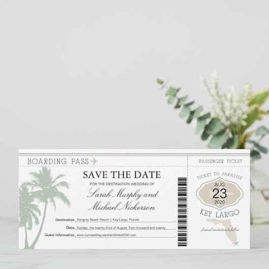 Key Largo Florida Save the Date Boarding Pass (Stehend Vorderseite)