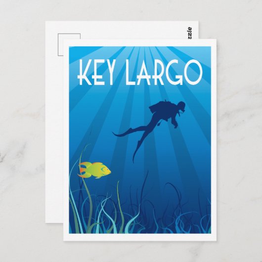 Key Largo Illustration mit Taucher und Fisch Postkarte (Vorne/Hinten)