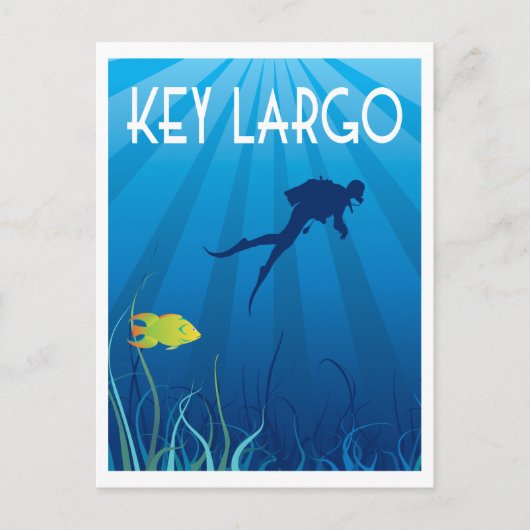 Key Largo Illustration mit Taucher und Fisch Postkarte (Vorderseite)