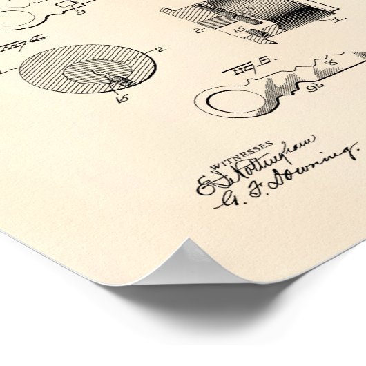 Key Tumbler Locks 1904 Patent Art Old Peper Poster (Ecke)
