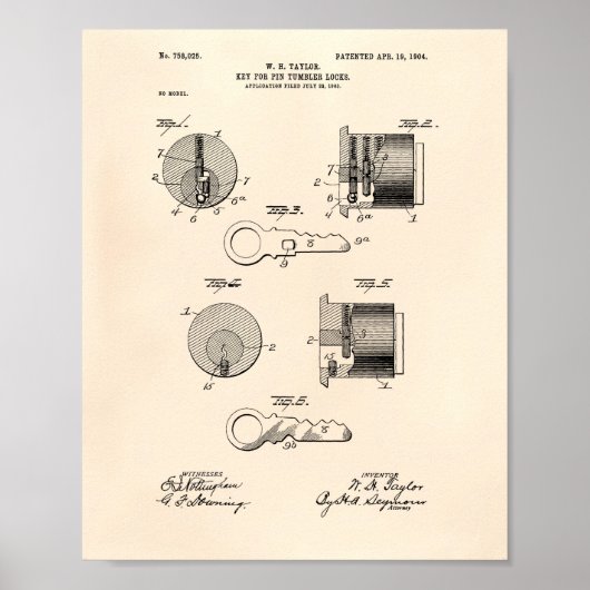 Key Tumbler Locks 1904 Patent Art Old Peper Poster (Vorne)