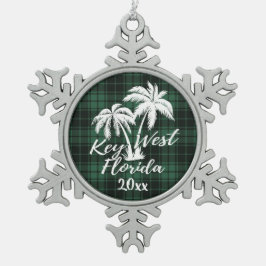 Key West Beach Florida Palm Green Kariert Schneeflocken Zinn-Ornament