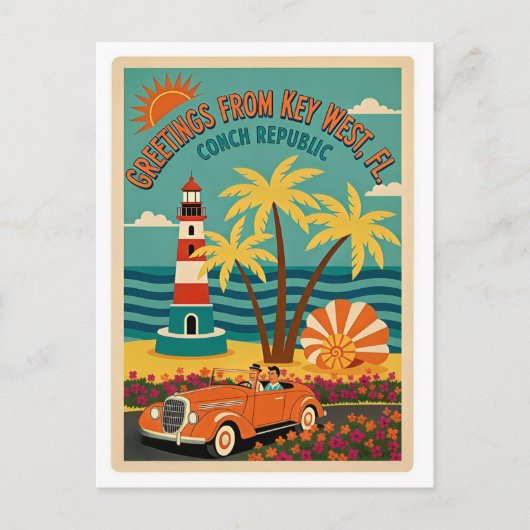 Key West FL Conch Republik Retro Postkarte (Vorderseite)