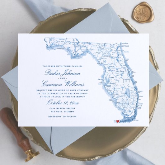 Key West FL Map Elegant Navy Blue Wedding Einladung