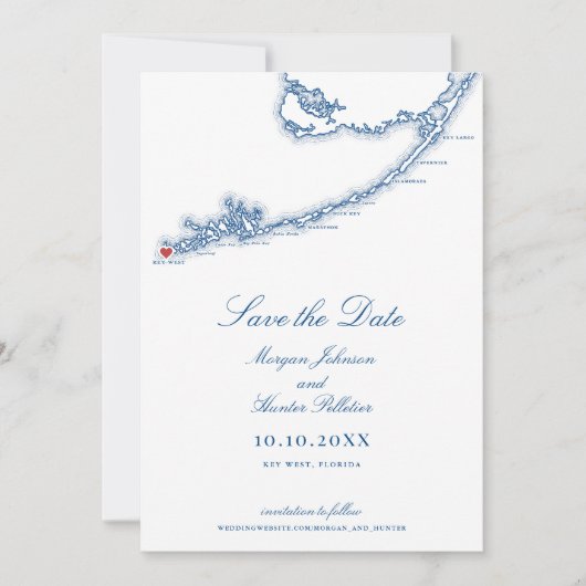 Key West FL Map Elegant Navy Blue Wedding Save The Date (Vorderseite)