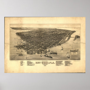 Key West Florida 1884 Antique Panoramabalkarte Poster