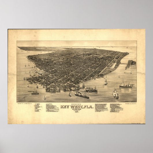 Key West Florida 1884 Antique Panoramabalkarte Poster (Vorne)
