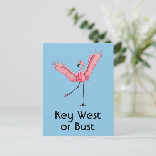 Key West oder Bust Funny Florida Pink Flamingo Postkarte (Stehend Vorderseite)
