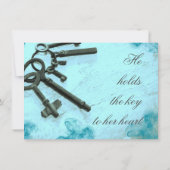 Keys zu ihrem Herz Vintage Aqua Hochzeitseinladung Einladung (Rückseite)