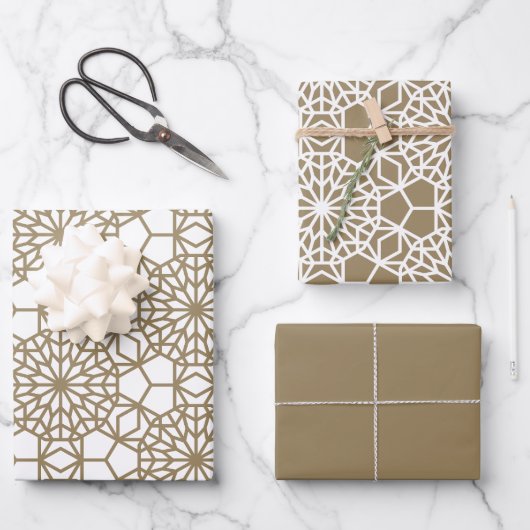 Khaki Arabesque Geometric Muster Geschenkpapier Set (Vorderseite)