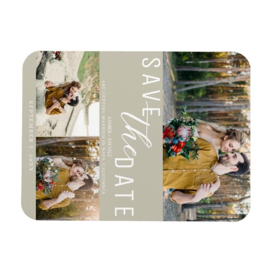 Khaki Beige Save the Date Hochzeit 3 Fotos Magnet (Horizontal)