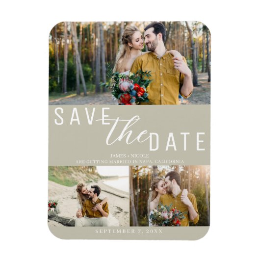 Khaki Beige Save the Date Hochzeit 3 Fotos Magnet (Vertikal)