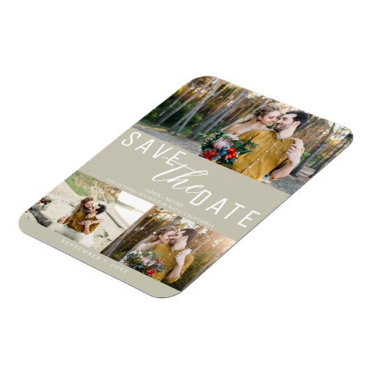 Khaki Beige Save the Date Hochzeit 3 Fotos Magnet (Linke Seite)
