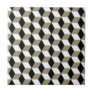 Khaki Black & White 3D Cubes Pattern Fliese
