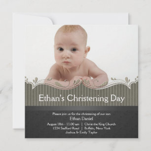 Khaki Green Black Boys Foto Christening Einladung