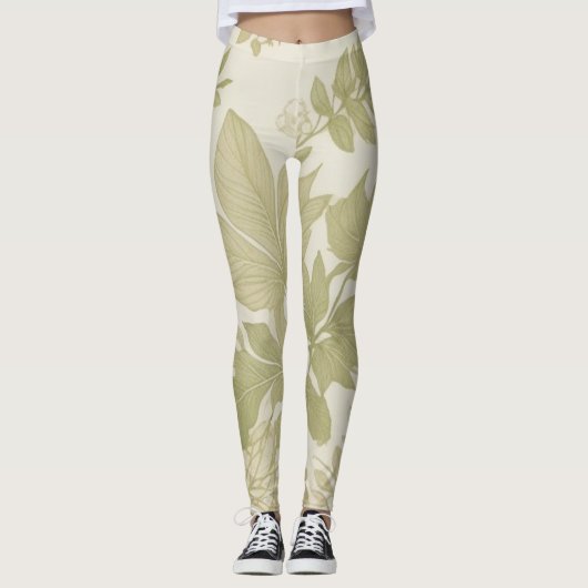 Khaki Green Eco-Friendly Botanical Greenery Print Leggings (Vorderseite)