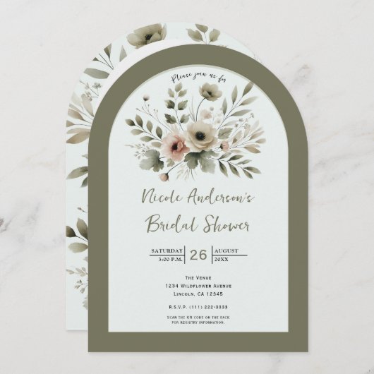 Khaki Olive Green Watercolor Brautparty Einladung (Vorne/Hinten)